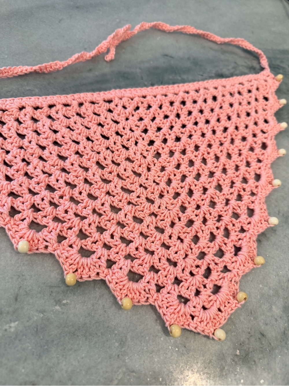 Handmade Crochet Wood Beaded Kerchief Head Scarf Cotton Boho Bandana Cottagecore
